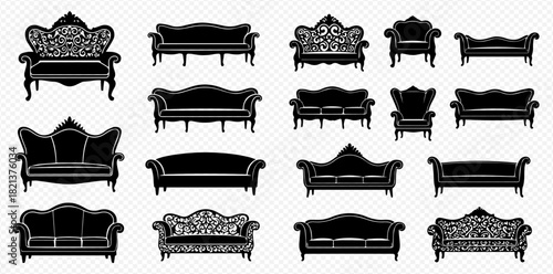 Collection of black silhouette vintage sofas and armchairs with ornate designs.