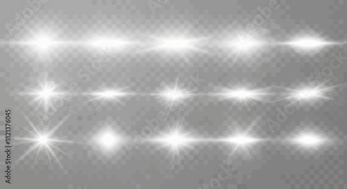 Collection of shining light effects and lens flare on transparent background