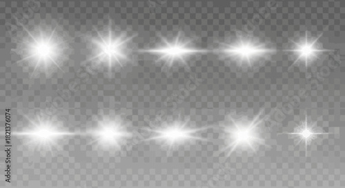 Collection of realistic lens flare effects on a transparent background for design