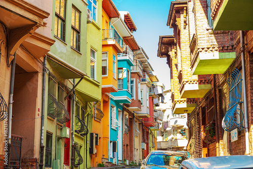 Colorful houses in the Balat and Fener districts. A popular tourist attraction in Istanbul.