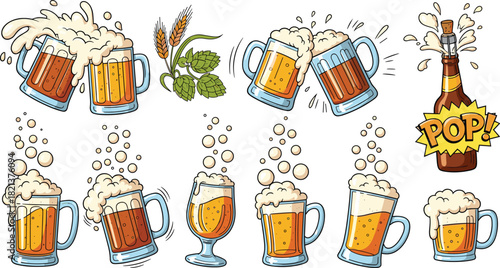 Celebration of Beer  Foamy Mugs, Brewing Ingredients, Clinking Glasses, Hops and Barley, Bottles Popping, Bubbly Joy in Cartoon Style