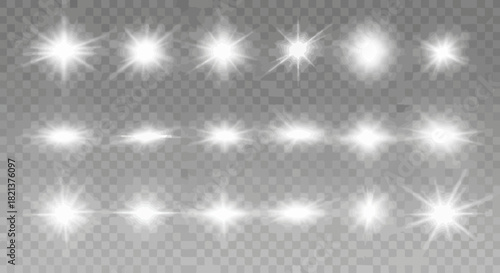 Collection of sparkling white light effects on transparent background