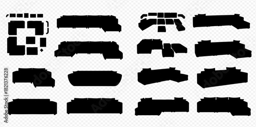 Collection of various black silhouette shapes resembling train cars, industrial vehicles, and abstract modular components on a transparent background.