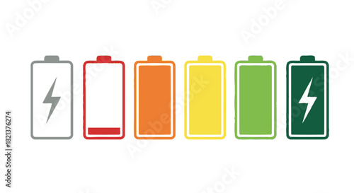 Battery charge level indicators showing different capacities and energy levels in row
