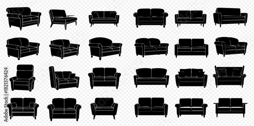 A comprehensive collection of black silhouette icons depicting various styles of sofas, couches, and armchairs for interior design and furniture illustrations.