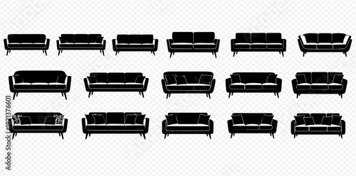 Collection of black sofa and couch silhouettes on a transparent background, showcasing various furniture styles.