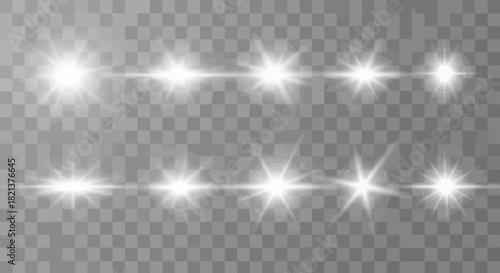 Collection of shining light effects on transparent background for graphic design projects