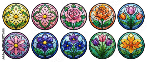Ten colorful circular stained glass flower patterns. cutout on transparent background