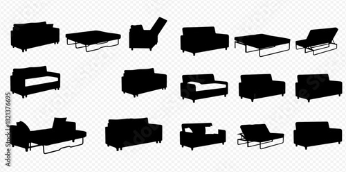 Collection of black silhouettes illustrating various sofa beds, recliners, and couches in different configurations on a transparent background.