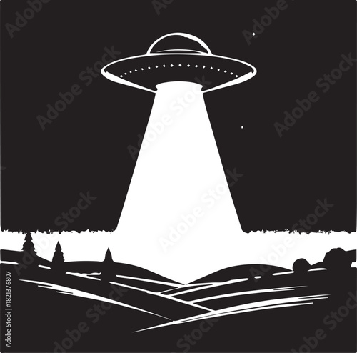Mysterious of a flying saucer with beam in black and white. Vector illustration