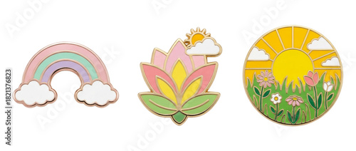 Nature enamel pins: rainbow, lotus, and sun field. cutout on transparent background