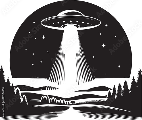 Mysterious of a flying saucer with beam in black and white. Vector illustration
