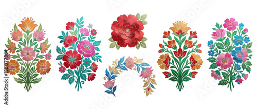 Five colorful Indian Mughal floral motifs, set of design elements. on a black background