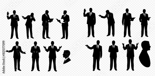 Collection of black silhouettes depicting businessmen in various professional poses, gesturing, holding a laptop, and presenting documents.