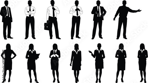 Silhouetted business professionals standing in various confident poses representing corporate teamwork, leadership, communication, presentation skills, and professional workplace diversity