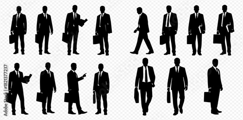 Collection of black silhouettes depicting businessmen in suits holding briefcases, standing and walking in various professional poses.