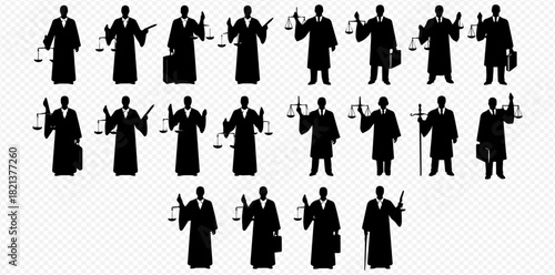 Silhouettes of judges and legal professionals in robes holding scales of justice and briefcases, representing law and order.
