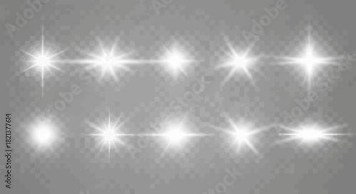 Collection of realistic lens flare light effects on a transparent background