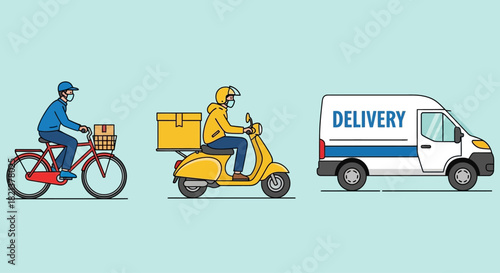 Delivery Drivers Bike Scooter and Van Delivering Packages Food and Goods Delivery Services