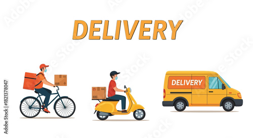 Delivery Service Courier on Bike Scooter and Van Delivering Packages