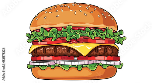 Delicious Double Cheeseburger Illustration with Fresh Ingredients Isolated on White