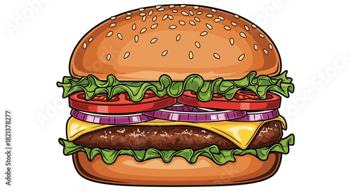 Delicious Illustration of a Classic Gourmet Burger with Fresh Ingredients