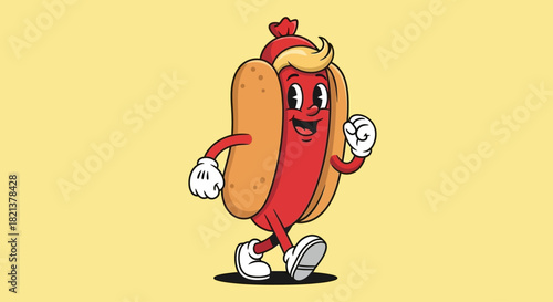 Cartoon Hot Dog Character Running on Yellow Background