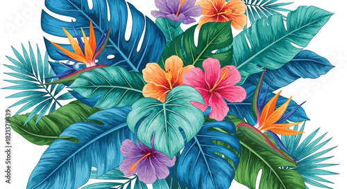 Vibrant Tropical Flowers and Exotic Leaves
