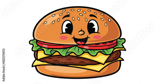 Happy Cartoon Burger with Smiling Face Isolated on White