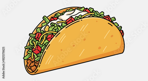 Delicious Cartoon Taco with Fresh Ingredients Isolated on White