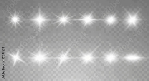 Collection of white lens flare effects on a transparent background for overlays
