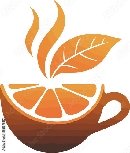 Refreshing orange slice tea with steam and leaves in a cup