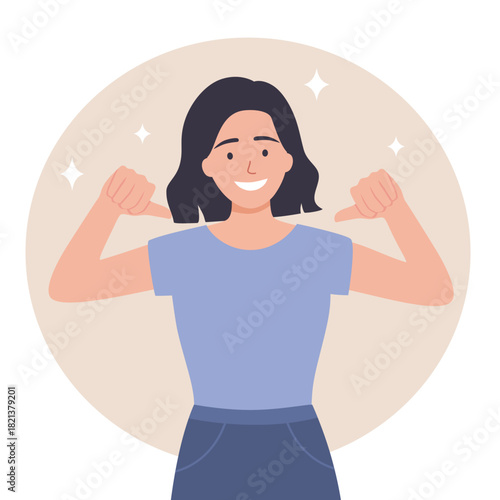 Positive emotions concept. Young woman feels proud and self confident. Hand drawn in thin line style, vector illustrations.