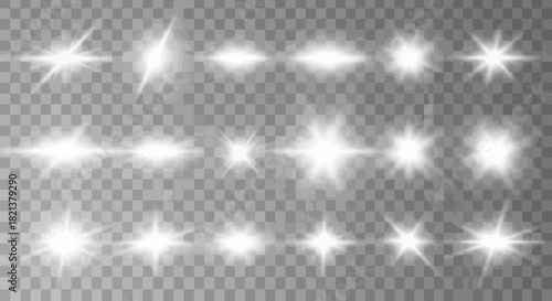 Collection of realistic white lens flares and light effects on transparent background