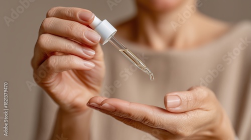 Une femme applique d?licatement un s?rum cosm?tique sur sa paume