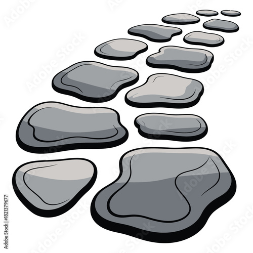 A winding path made of gray stepping stones leading away into the distance, isolated on white background