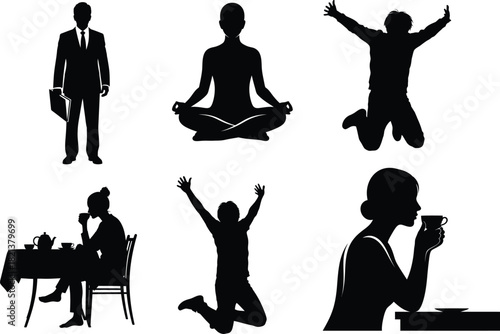 Silhouette collection diverse people in various poses and activities