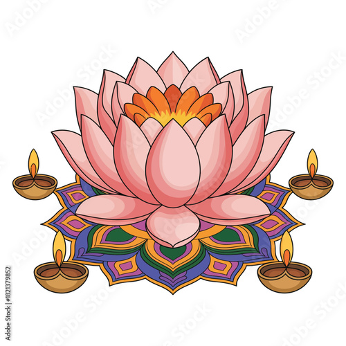 Beautiful pink lotus flower illustration with traditional oil lamps for hindu festival celebration isolated on white background