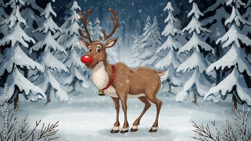 Red-Nosed Reindeer with Bell in Snowy Forest
