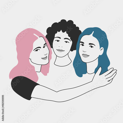 Three friends showing empathy and emotional support. Women sharing feelings and comforting each other. Flat vector illustration about friendship and mental wellbeing.