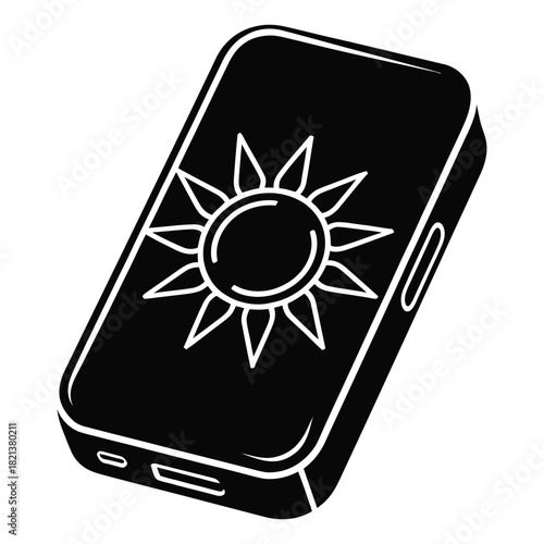 Black and white line art icon of a portable power bank or external battery pack featuring a stylized sun symbol on its surface, isolated