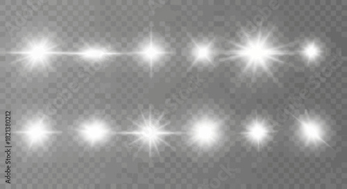Set of realistic white lens flares and light effects on transparent background