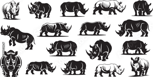 Wild animal rhino black silhouette vector icon set