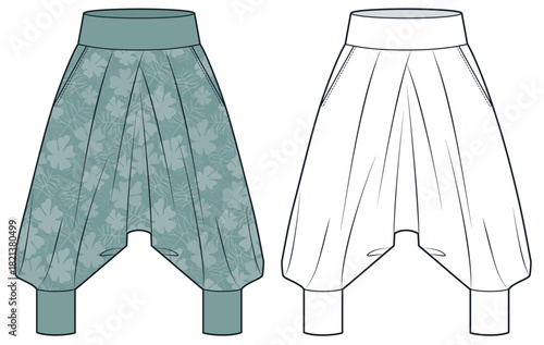 Harem Pants with floral print fashion flat sketch. Boho Pants fashion flat technical drawing template, loose fit, pockets, front view, white, green, women, men, unisex CAD mockup.