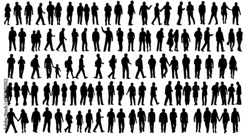 Diverse crowd silhouette collection people standing walking and interacting in black and white