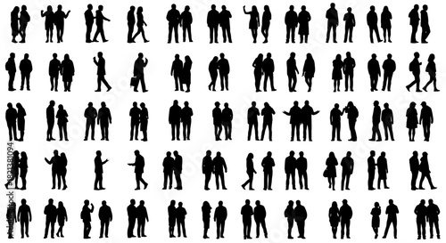 Diverse crowd silhouettes people standing walking talking and interacting in various poses