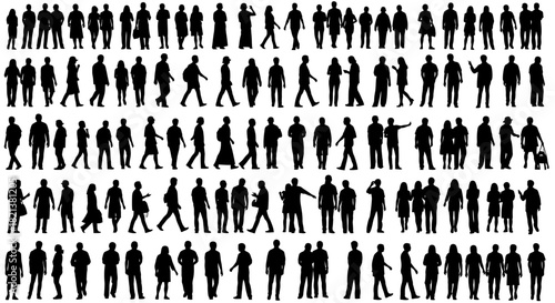Large collection of silhouette people walking and standing in various poses and actions