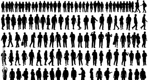 Diverse crowd silhouettes a collection of people standing and walking in black