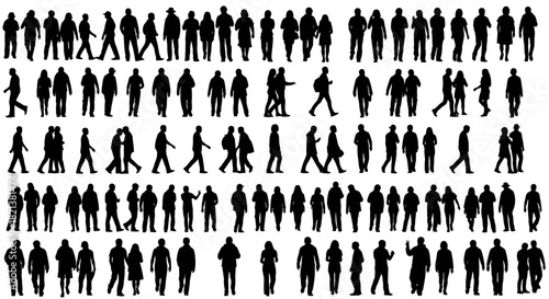 Large group of people silhouettes walking and standing in various poses