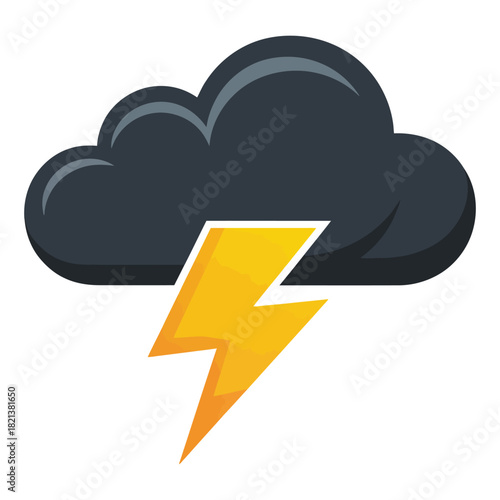 Dark storm cloud with bright yellow lightning bolt icon symbolizing bad weather, isolated on white background